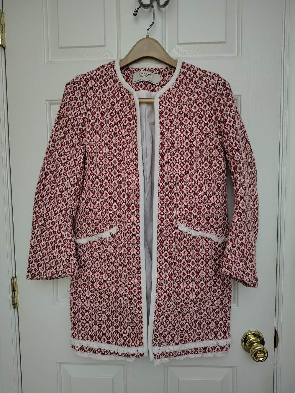 Zara Basic Geometric Tapestry Print Collarless Long Jacket (Size 4)